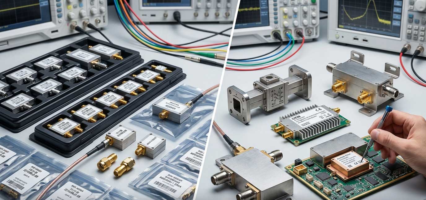 Comparison of standard off-the-shelf RF devices and OEM-customized modules on an RF engineering test bench.
